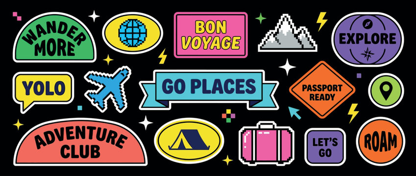 Retro travel stickers collection with 15 colorful adventure patches, vintage wanderlust badges featuring airplane and mountain icons, vibrant vacation luggage decals for digital scrapbooking.
