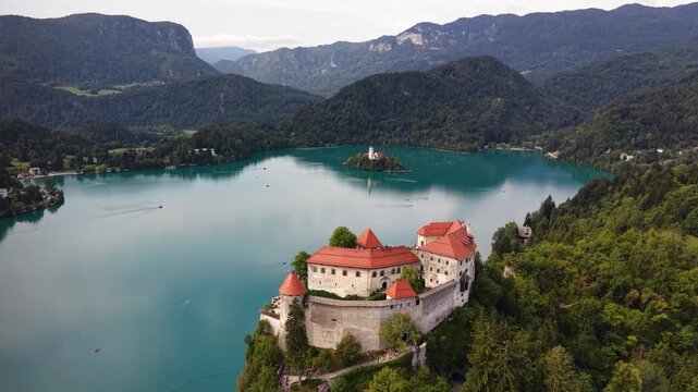 Aerial view of Bled Castle and Lake Bled Island (Blejski otok), Slovenia