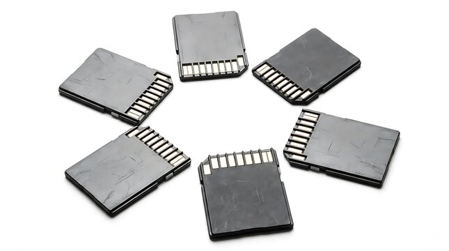 Circular arrangement of memory cards on white background
