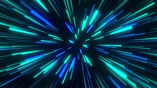 Abstract 3d light rays bursting from center in neon blue green, glowing energy lines, futuristic digital background, high-resolution motion 4K Video