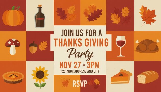 Autumn Thanksgiving party invitation poster, fall leaves and pumpkins background, warm orange flyer with RSVP text