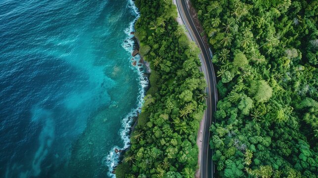 Roadway follows the scenic coastline through a lush tropical forest beside the deep turquoise ocean.