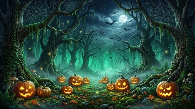 Halloween jack o lanterns in a dark forest with a full moon