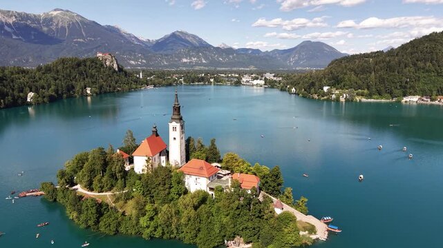 Flight over Lake Bled Island Church (Cerkve Matere Bozje) in Slovenia