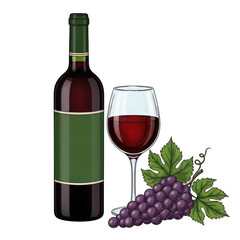 Obraz premium Red wine bottle glass and grapes isolated on transparent background