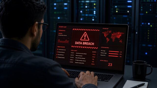 Data breach alert on laptop screen in server room, cyber security professional investigating system hack, digital network vulnerability and server threat