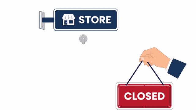 Flat 2D vector animation of a hand holding closed sign with alpha channel and transparent background. Ideal for retail, business hours, storefront status and motion graphics.