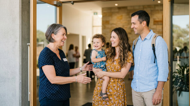 A friendly greeter welcomes a young family with a small child at the bright entrance of a modern church, showing hospitality, belonging and welcoming ministry in a diverse faith community. Copy space.