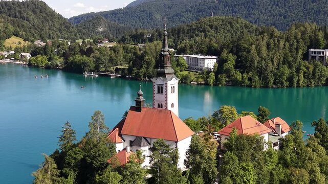 Drone shot of Lake Bled Island and Church of the Assumption, Slovenia