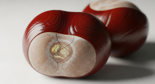 Two brown horse chestnuts on light surface with chestnut