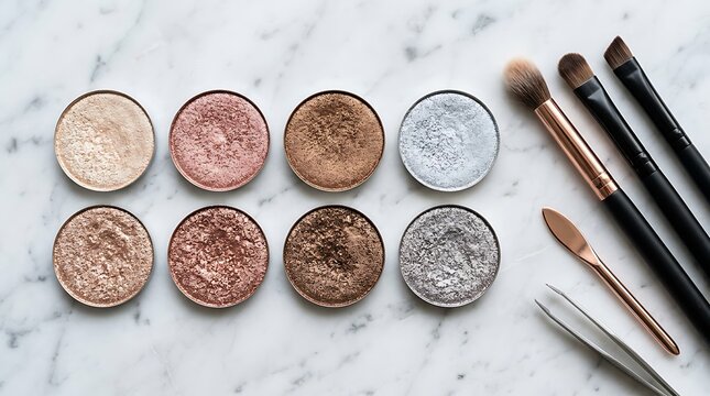 Set of colorful makeup eyeshadow pots with professional beauty brushes and tools for cosmetic art work. shimmer eyeshadow tips