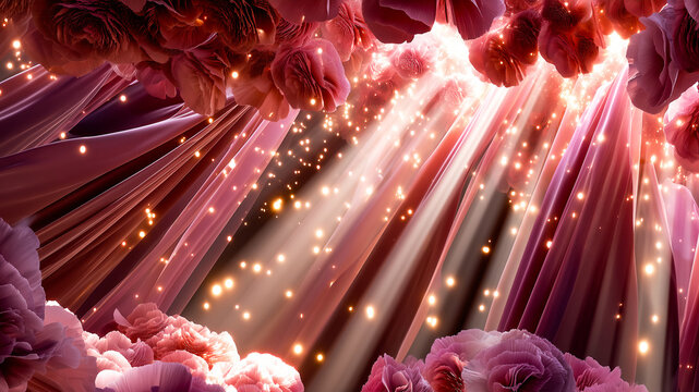 Celestial Bloom: Ethereal beams of light pierce through a canopy of delicate pink roses, illuminating a mystical realm of soft petals and sparkling motes of dust.