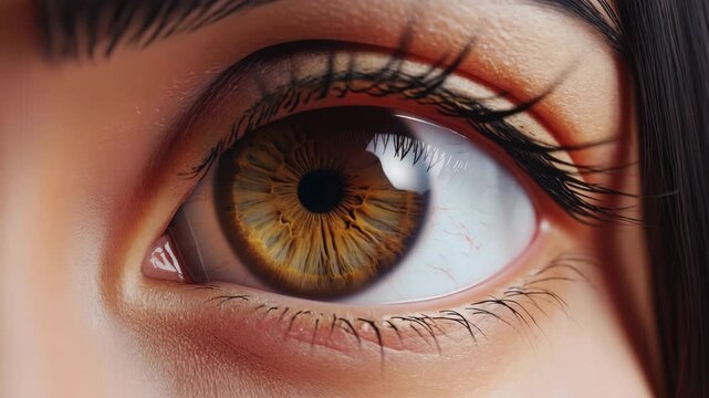 Extreme close-up of human eye opening and closing, detailed iris macro 4K Ai HD high quality video.