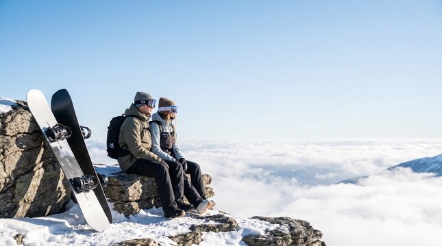 Young couple sitting on a high mountain rock with snowboards looking at a breathtaking sea of clouds in winter