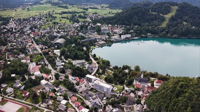 Bird's-eye view of Bled town on shore of Lake Bled, Slovenia