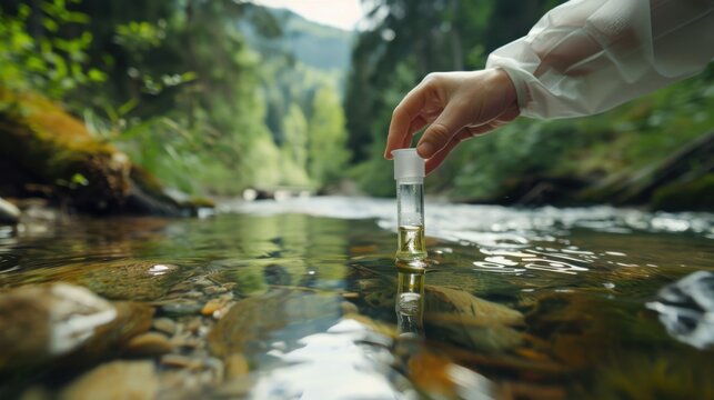 Scientist holds a glass test tube to collect water samples from a flowing mountain stream for environmental quality testing.