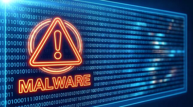 Digital malware warning with glowing red exclamation mark and binary code