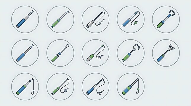 Fishing rod and hook icons in circular frames