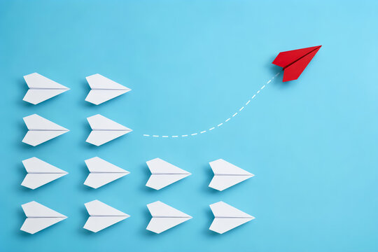 Innovative leadership action a red paper airplane taking off amidst white ones creative concept digital art light blue background inspired viewpoint