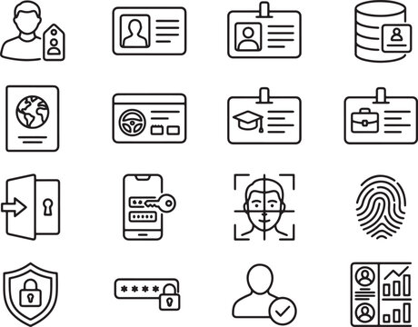 Modern Minimalist Icon Set Featuring Security, Identity, Education, and Data Management Concepts in Clean Black and White Line Art