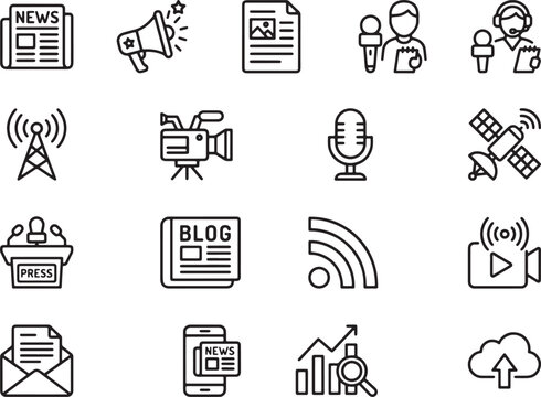 Modern Minimalist Icons Set Featuring News Media Communication Tools and Digital Journalism Symbols in Black and White