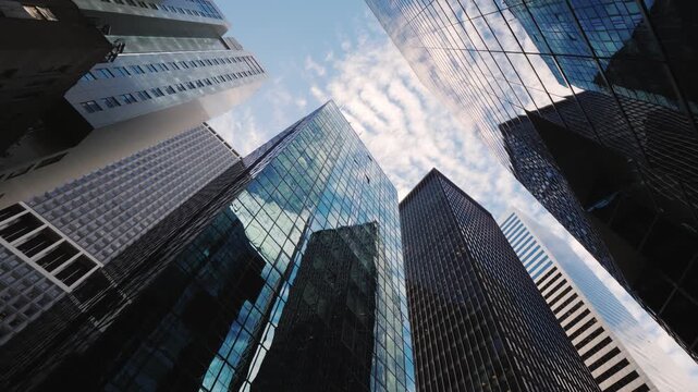Low angle rotating shot of modern corporate skyscrapers against a vibrant blue sky with wispy clouds, showcasing contemporary architecture and urban dynamics.
