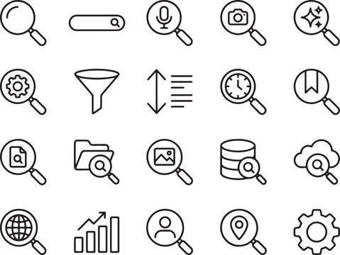 Modern Minimalist Icons Set Showcasing Various Search Functionality Types with Magnifying Glasses and Symbols on Clean White Background