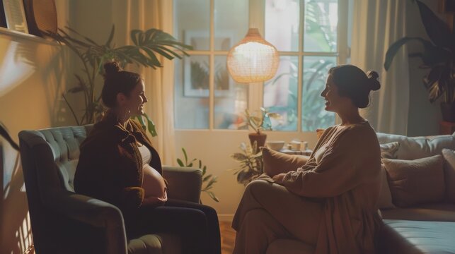 Pregnant woman sits on a sofa while having a heartfelt conversation with her friend in a cozy living room.