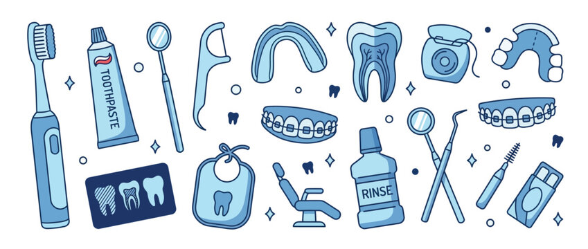 Dental care icons set in blue hand drawn doodle style, stomatology equipment and oral hygiene tools collection, orthodontic braces and tooth health vector illustrations for clinic.