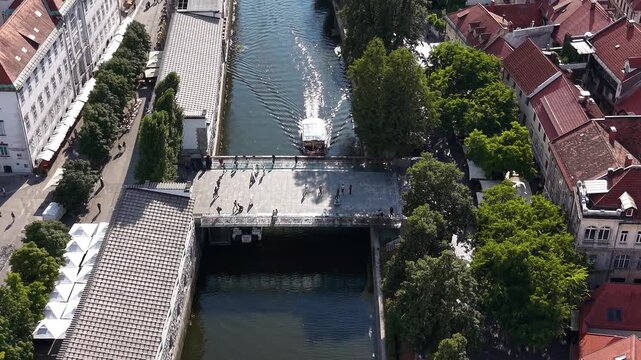 Aerial view of Butcher's Bridge (Mesarski most) in Ljubljana, Slovenia