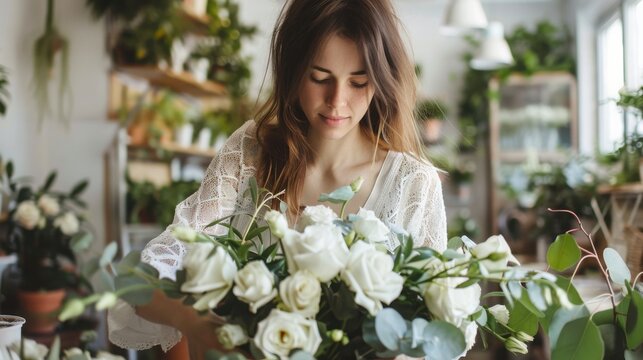 Young woman focuses on arranging a fresh bouquet of white roses and greenery inside her cozy botanical flower shop.