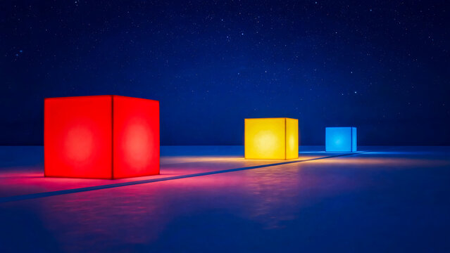 Paysage avec cubes rouge, bleu et jaune allum&eacute;s
