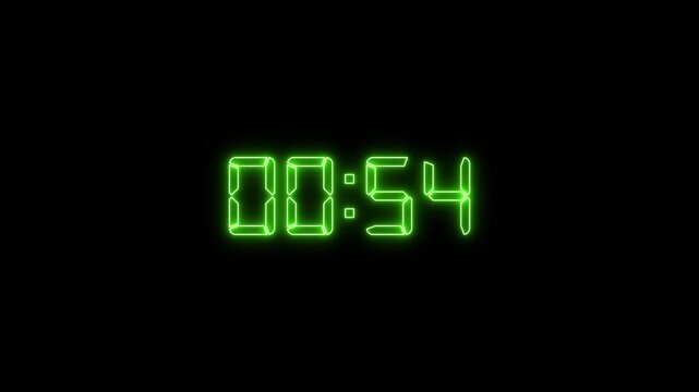 1 minute countdown animated of digital clock timer. One minute digital clock timer with glowing green neon.