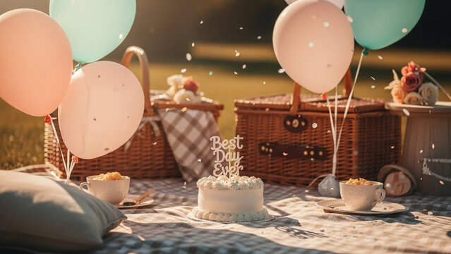 Beautiful outdoor picnic setup showing white cake with best day ever text next to wicker baskets and floating balloons on checkered blanket in park grass field during warm sunlit golden hour.