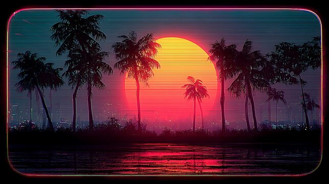 Retro synthwave style sunset with palm trees and horizontal glitch texture