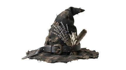 Fototapeta premium Witch hat with lavender and feather decoration isolated on transparent background