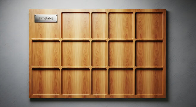 Empty wooden timetable board mounted on a textured grey wall for organized daily planning schedules with compartments metal nameplate