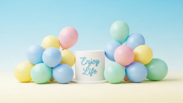 Festive 3d render showing white cylinder podium cake stand with blue enjoy life text surrounded by floating pastel yellow pink and blue balloons over light cream ground and cyan blue background.