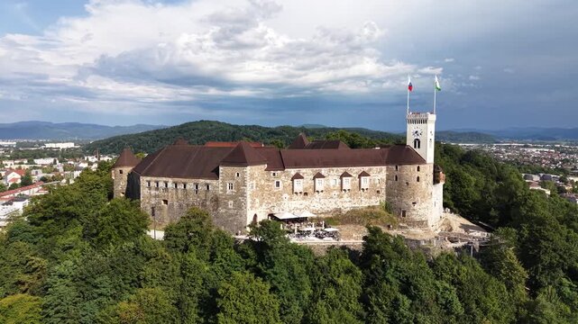 Drone shot of medieval Ljubljana Castle (Ljubljanski grad), Ljubljana, Slovenia