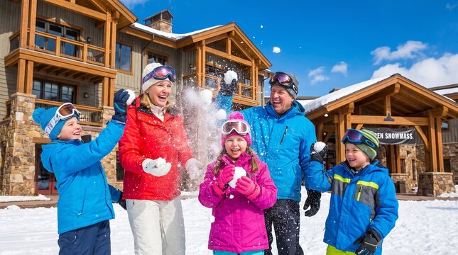 Happy family with children having a fun snowball fight outside a luxury winter ski resort chalet