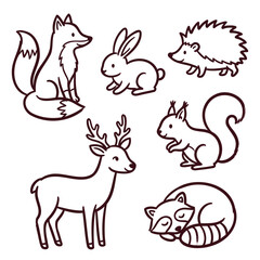 Obraz premium Set of cute forest animals including a fox rabbit hedgehog deer squirrel and raccoon in simple line art style