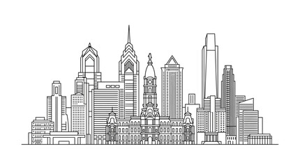 Obraz premium Minimalist Philadelphia city skyline illustration featuring black line art of iconic landmarks like City Hall and One Liberty Place skyscrapers on a plain white background for modern design.