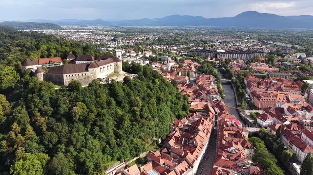 Aerial panorama of Ljubljana Castle and old town skyline, Slovenia