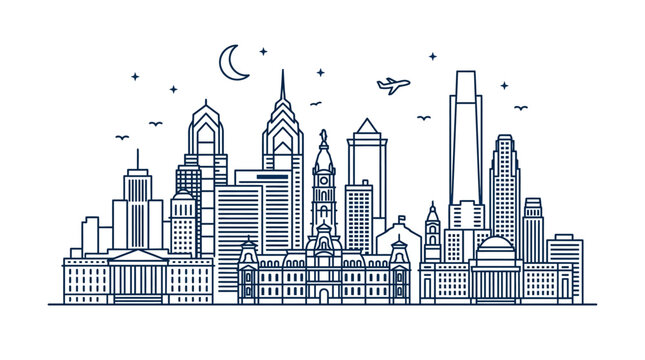 Philadelphia Pennsylvania City Hall and skyline vector line art illustration. Includes One and Two Liberty Place, Comcast Center, and urban skyscrapers under a night sky with moon and stars.