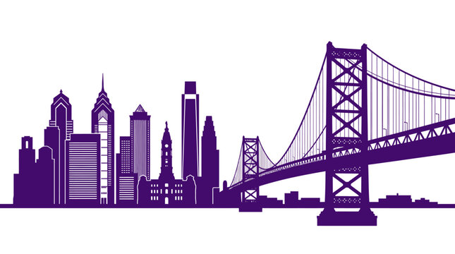 Minimalist solid purple silhouette of the Philadelphia Pennsylvania city skyline including the Benjamin Franklin Bridge, Comcast Center, Liberty Place, and City Hall isolated on white background.