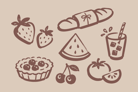 Summer Food and Fruit Hand Drawn Vector Set Illustration