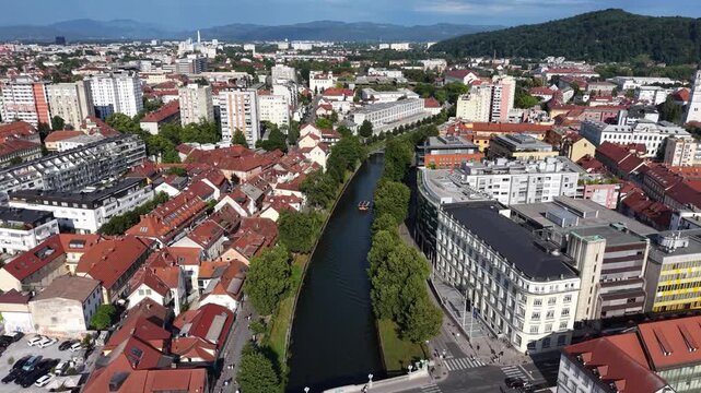 Aerial view of Ljubljanica river in Ljubljana city, Slovenia