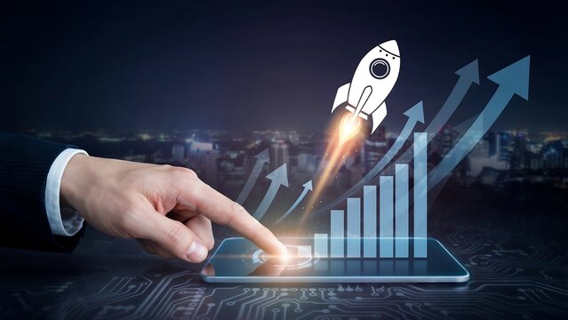 A hand pressing a button on a smartphone screen displaying a rising bar chart and a rocket launching. This represents business growth and startup success