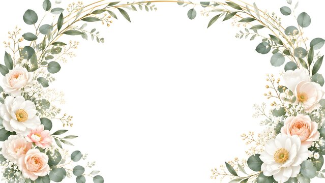 Watercolor white rose and eucalyptus foliage arch border frame on white background