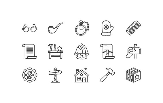Santa claus personal items glasses pipe pocket watch and coat line icon set vector